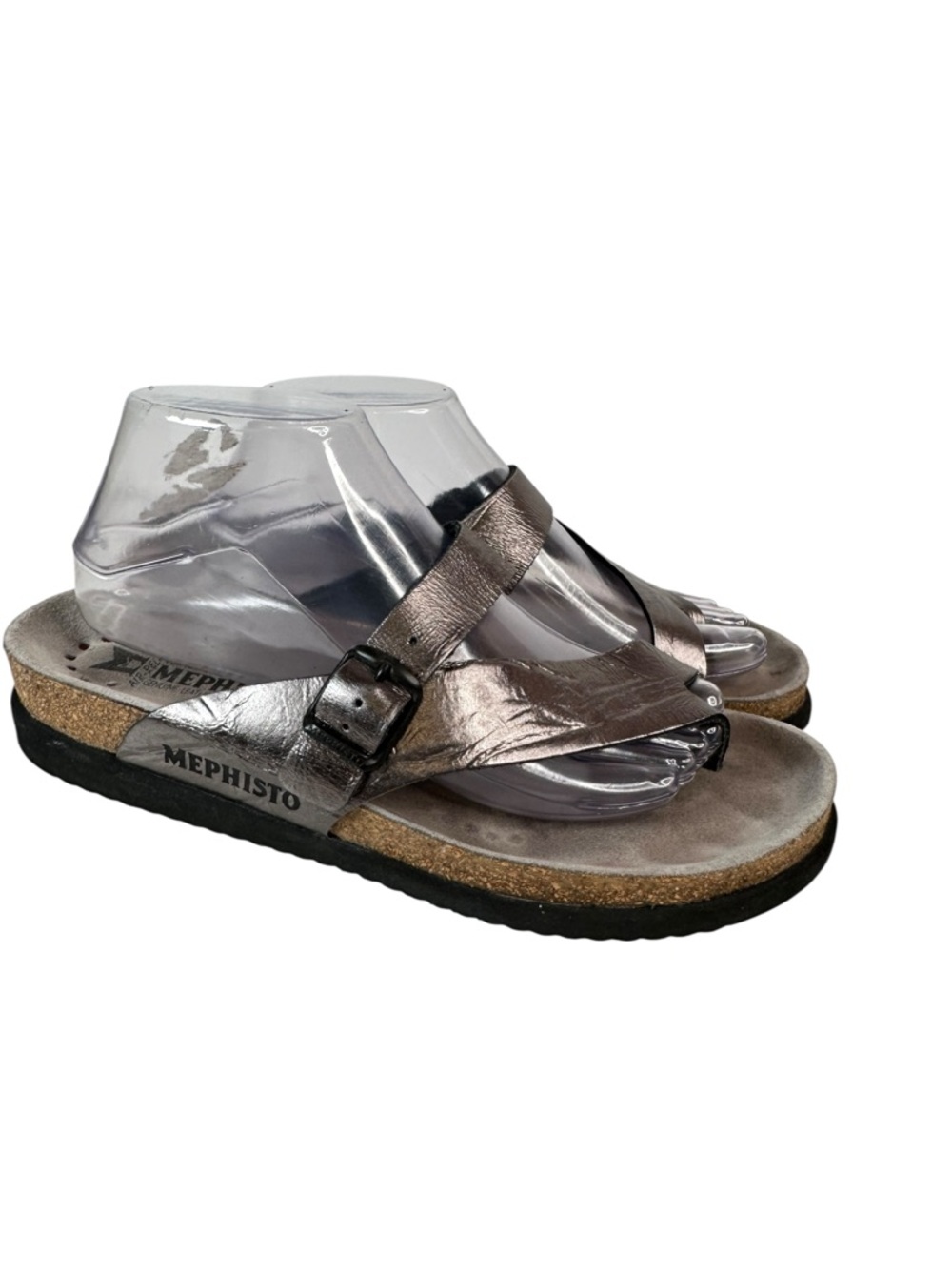 Mephisto Helen Metallic Pewter Leather Cork Footbed Thong Sandals Euro 41